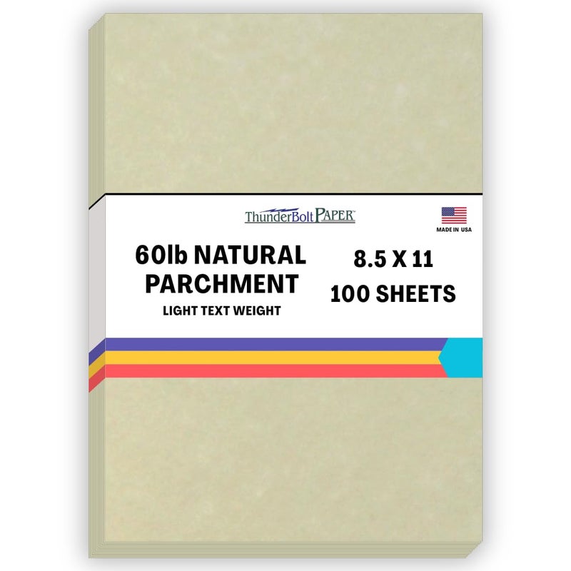 ThunderBolt Paper 100 Natural Parchment 60# Text (=24# Bond) Paper Sheets - 8.5 X 11 Inches Standard Letter|Flyer Size - 60 Pound is Not Card Weight - Vintage Colored Old Parchment Semblance - Image 1